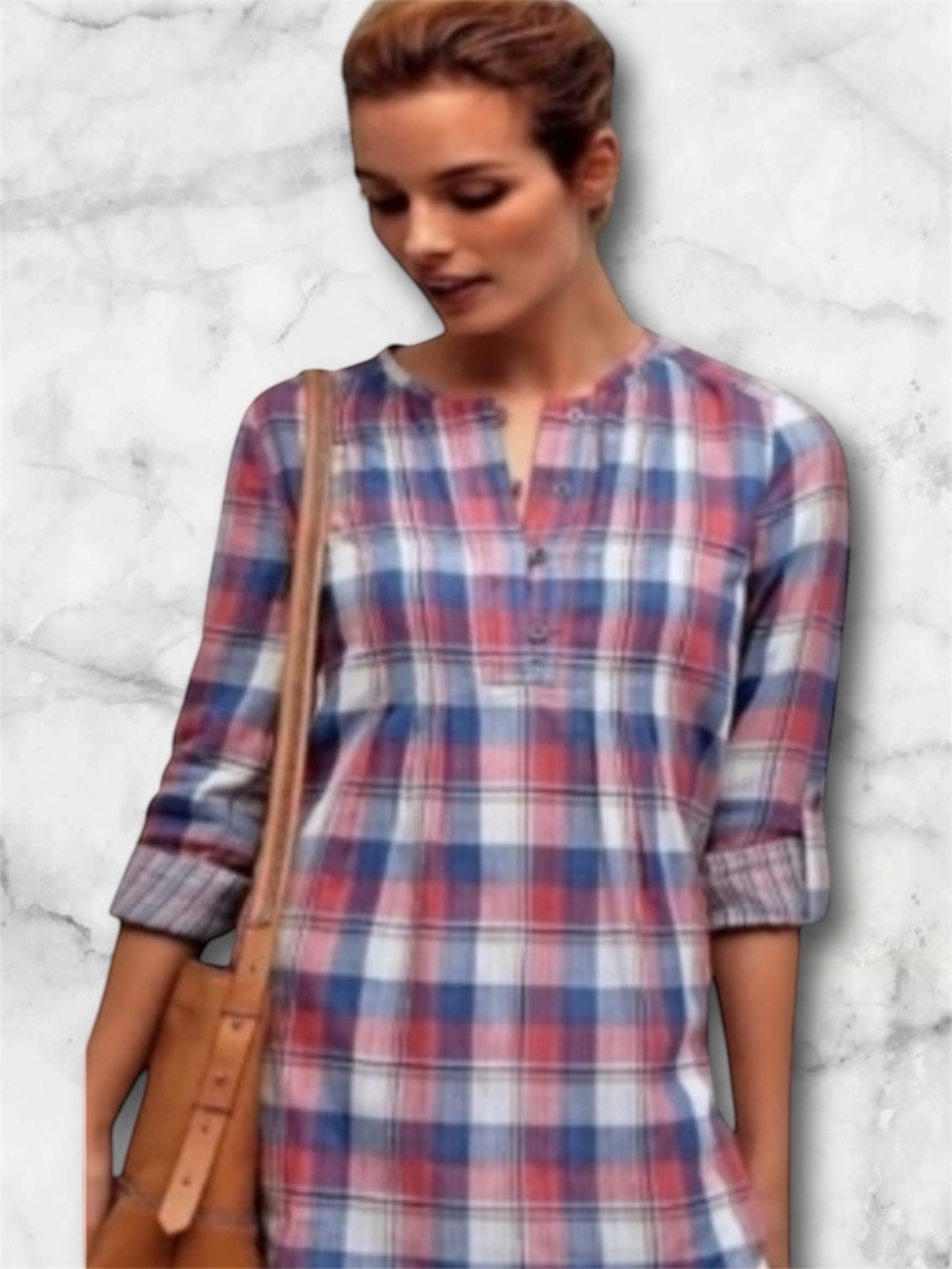 Anthropologie Holding Horses High Low Pink Blue Plaid Tunic Top Western Size 4 - Picture 3 of 16